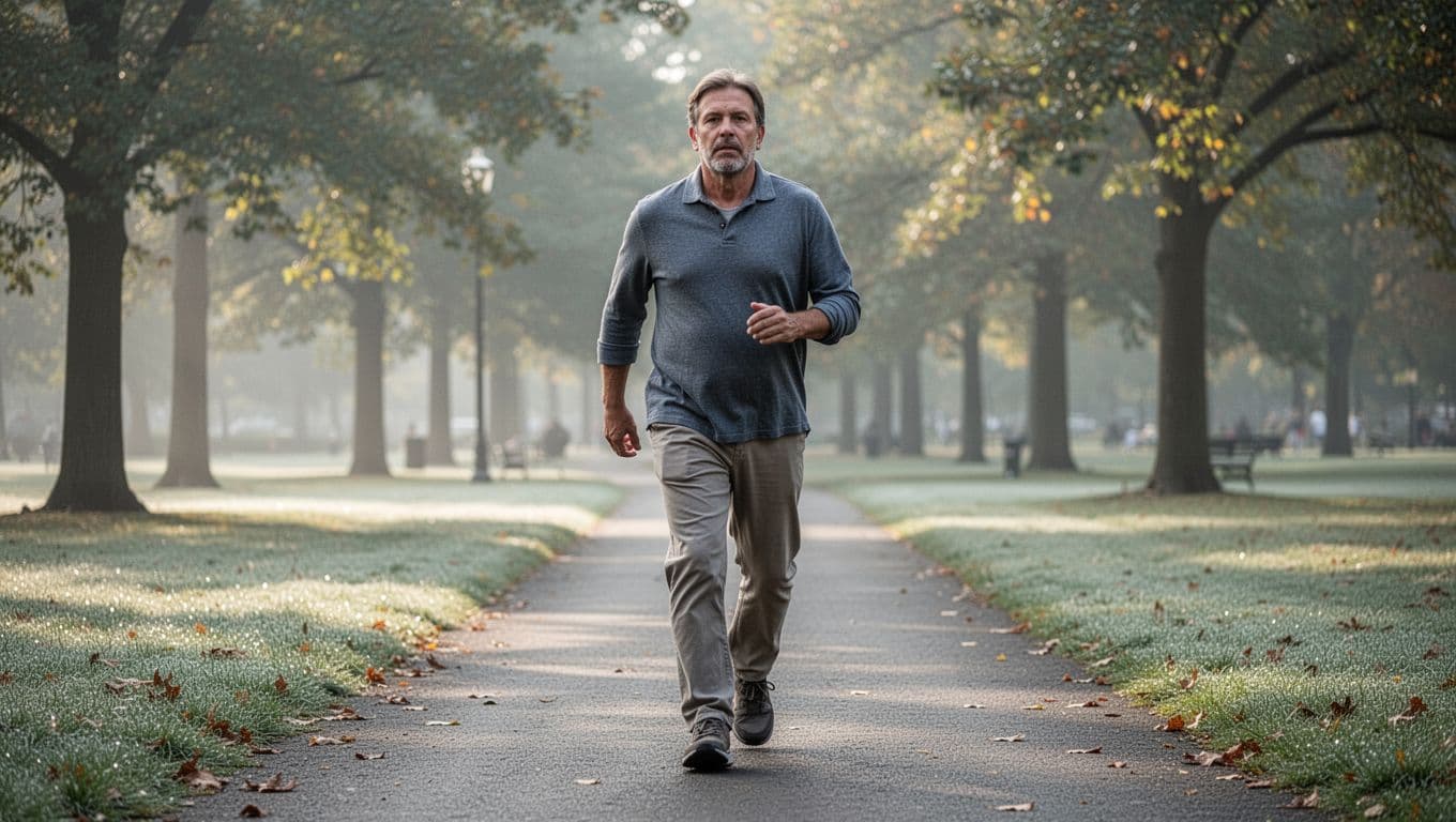 An adult dressed in comfortable athletic wear walks briskly along a winding path. The soft morning sun illuminates the lush green trees and creates a peaceful atmosphere for personal reflection.