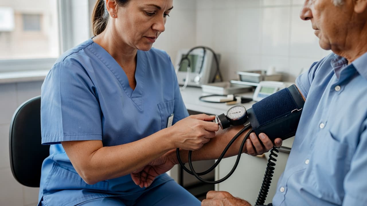 A nurse checks a patient's blood pressure in a bright medical office