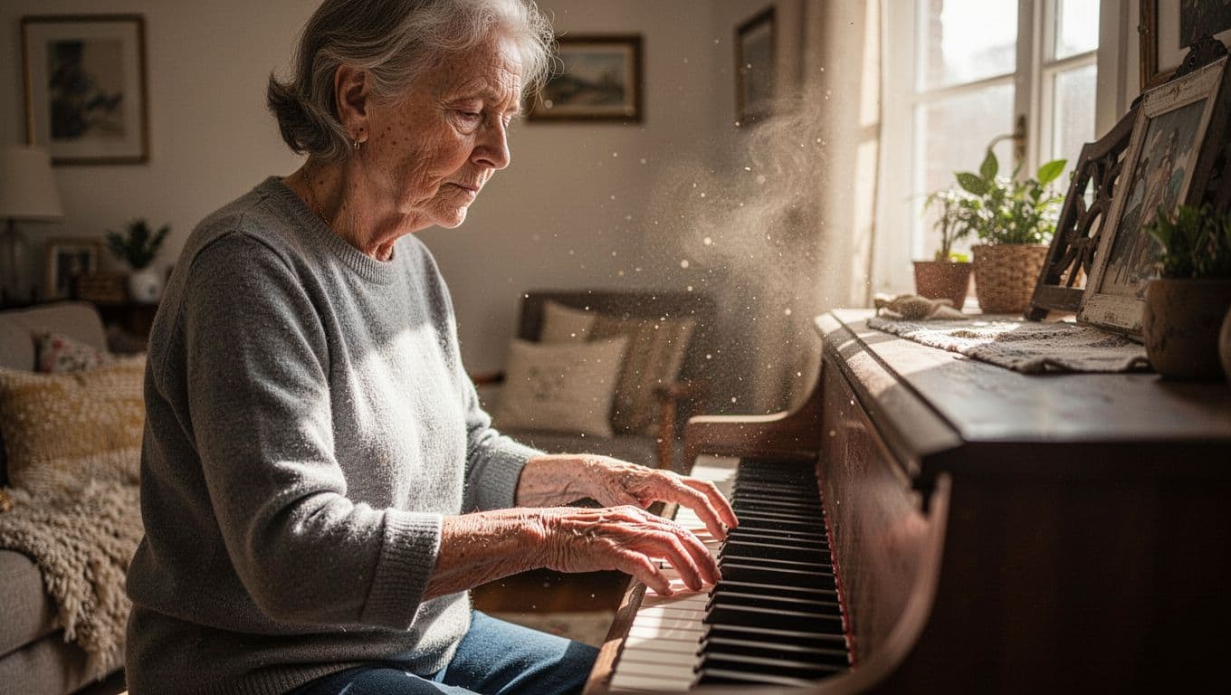 An older adult sits at a wooden piano, hands poised carefully over the ivory keys in a sunlit living room. Visible dust motes dance in the warm light filtering through the window.