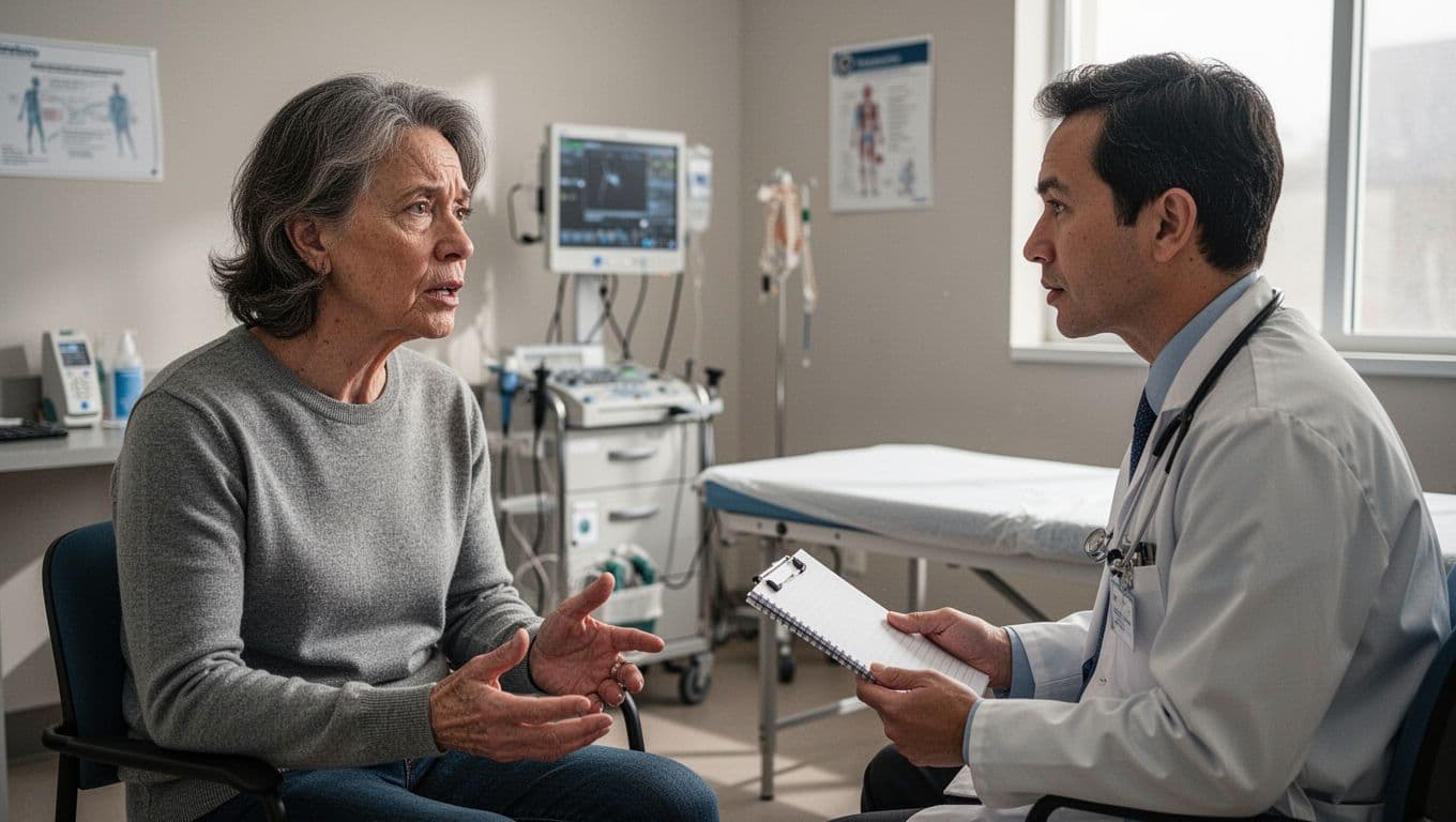 A focused doctor sits in a clinical office holding a notepad while listening to a patient describe their health symptoms. Diagnostic medical tools are neatly organized on the nearby examination table.