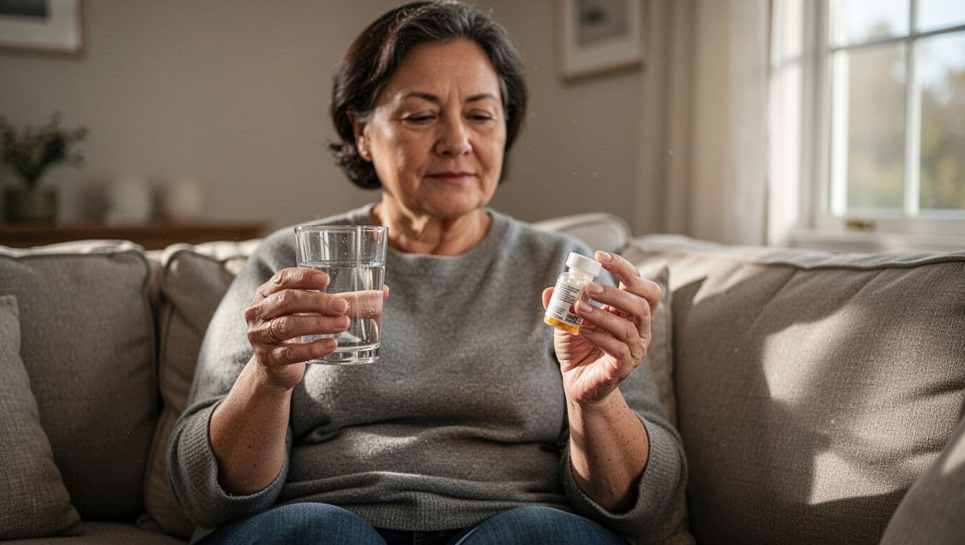 An individual sits comfortably on a fabric sofa, holding a clear glass of water and a medication bottle. They intently examine the label with a calm and focused facial expression.