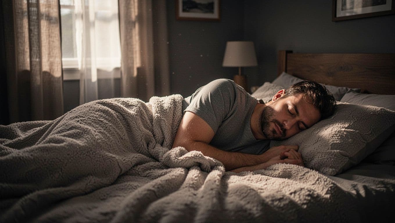 A man rests peacefully under thick, soft blankets in a darkened bedroom. Thin rays of early morning sunlight stream through the edges of the heavy curtains, highlighting the calm, quiet atmosphere.