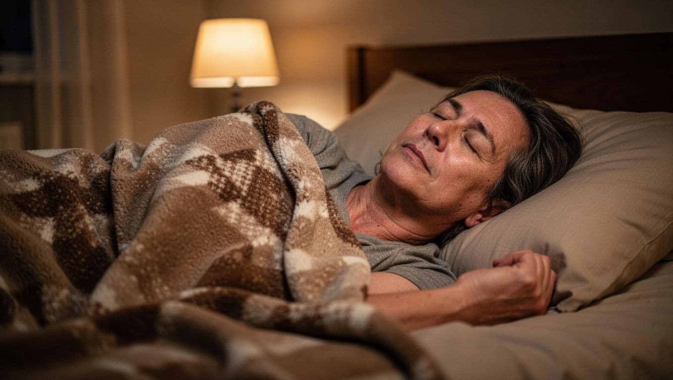 A person sleeps soundly in a soft bed under warm lamplight, creating a serene sanctuary. The room features textured linens and gentle shadows, emphasizing the importance of deep evening recovery.