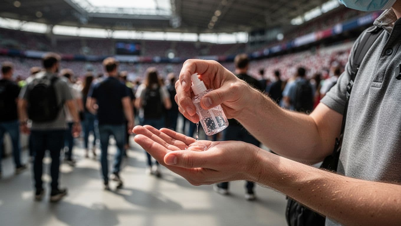 A close-up shot captures a person using hand sanitizer from a small plastic bottle within a crowded stadium concourse. The background displays a softly blurred sea of spectators in motion.