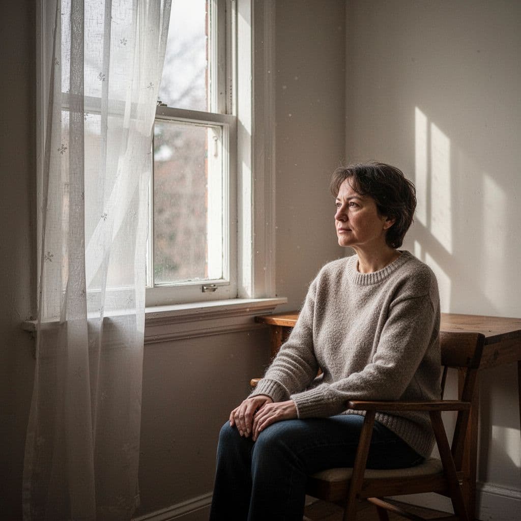 A person sits quietly on a plush armchair beside a sunlit window, gazing outward with a calm yet contemplative expression. The peaceful room is filled with soft light and gentle shadows.