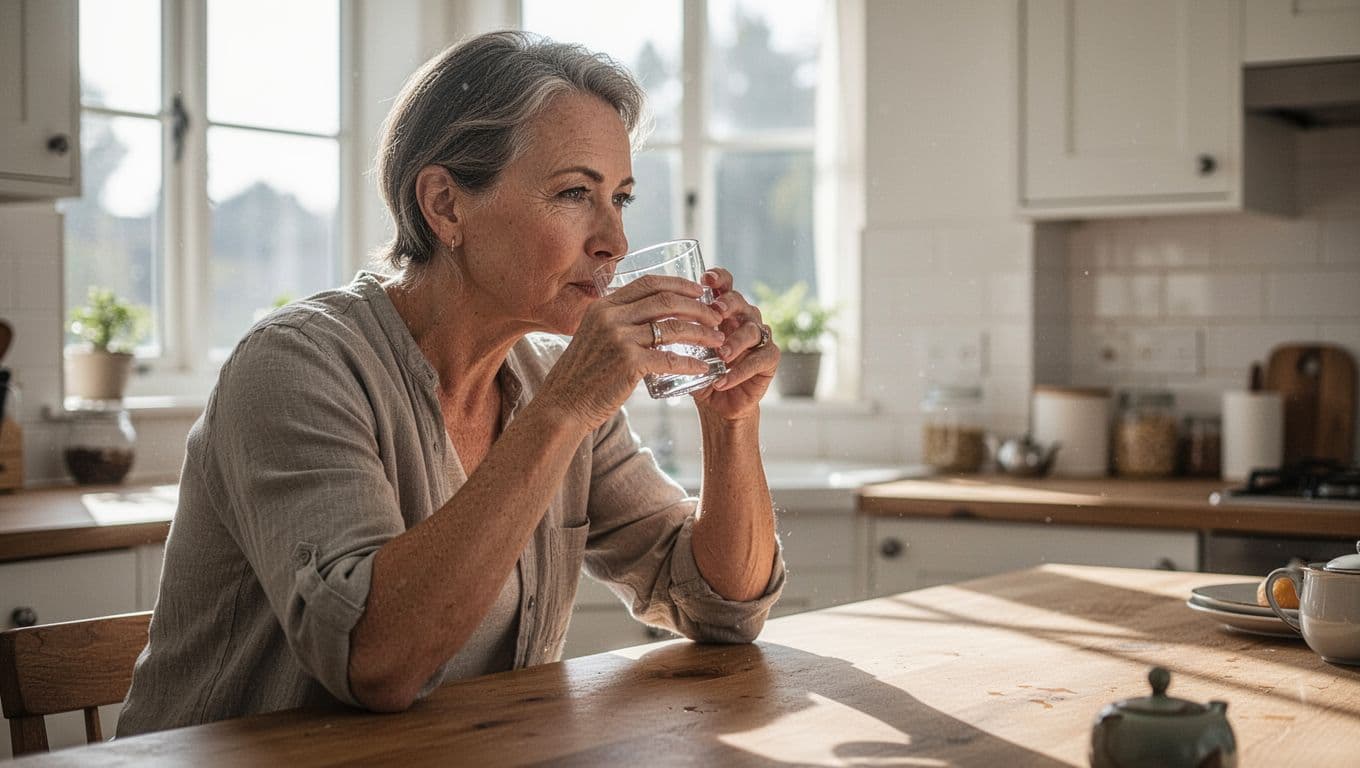 An adult in their forties sits at a bright kitchen counter, holding a clear glass of water to their lips. Soft natural sunlight illuminates the simple, authentic domestic setting around them.