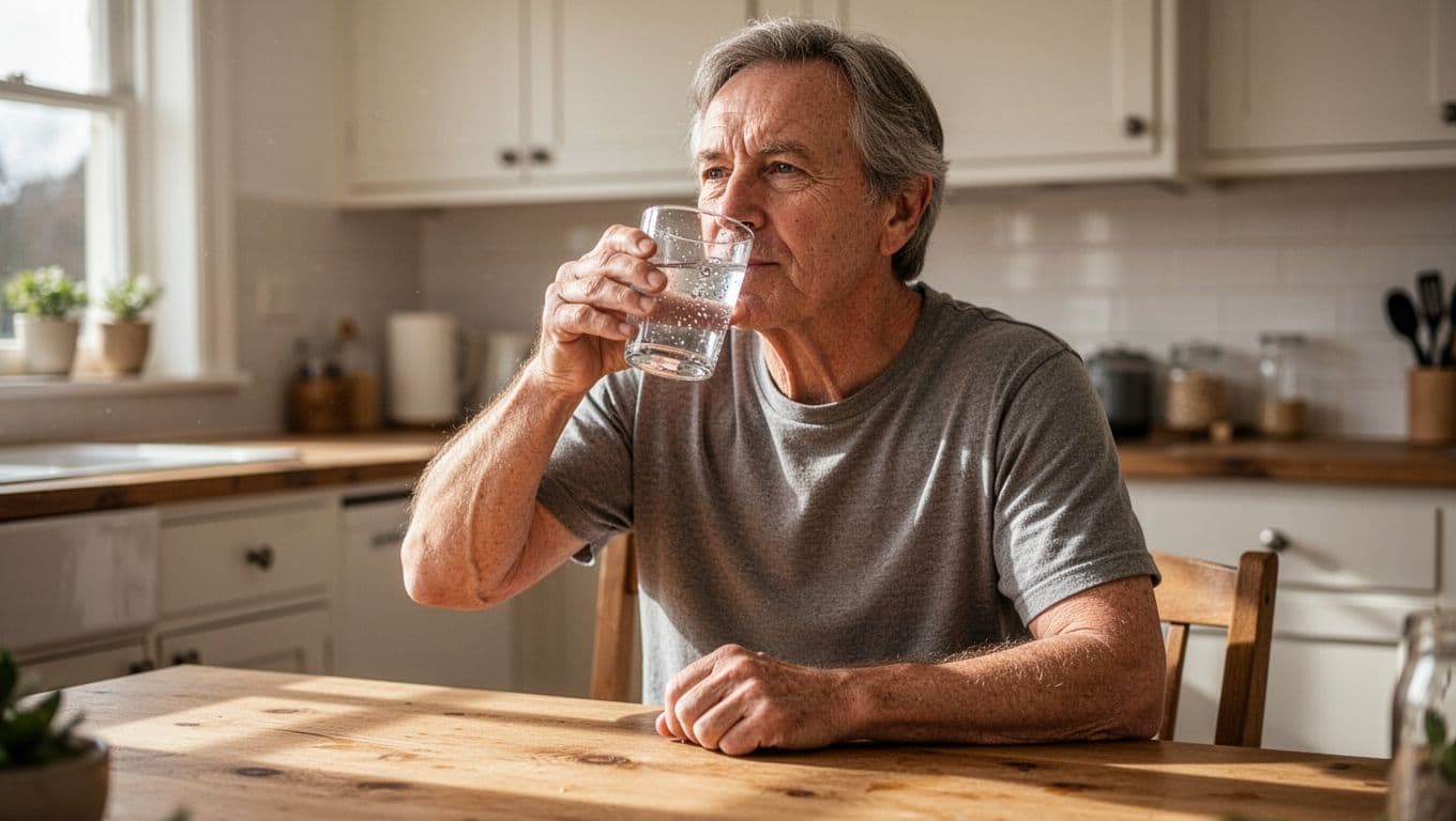 A middle-aged individual in comfortable casual clothing sits at a rustic wooden kitchen table while holding a clear glass of water. Bright natural sunlight streams through a nearby window, highlighting skin textures.