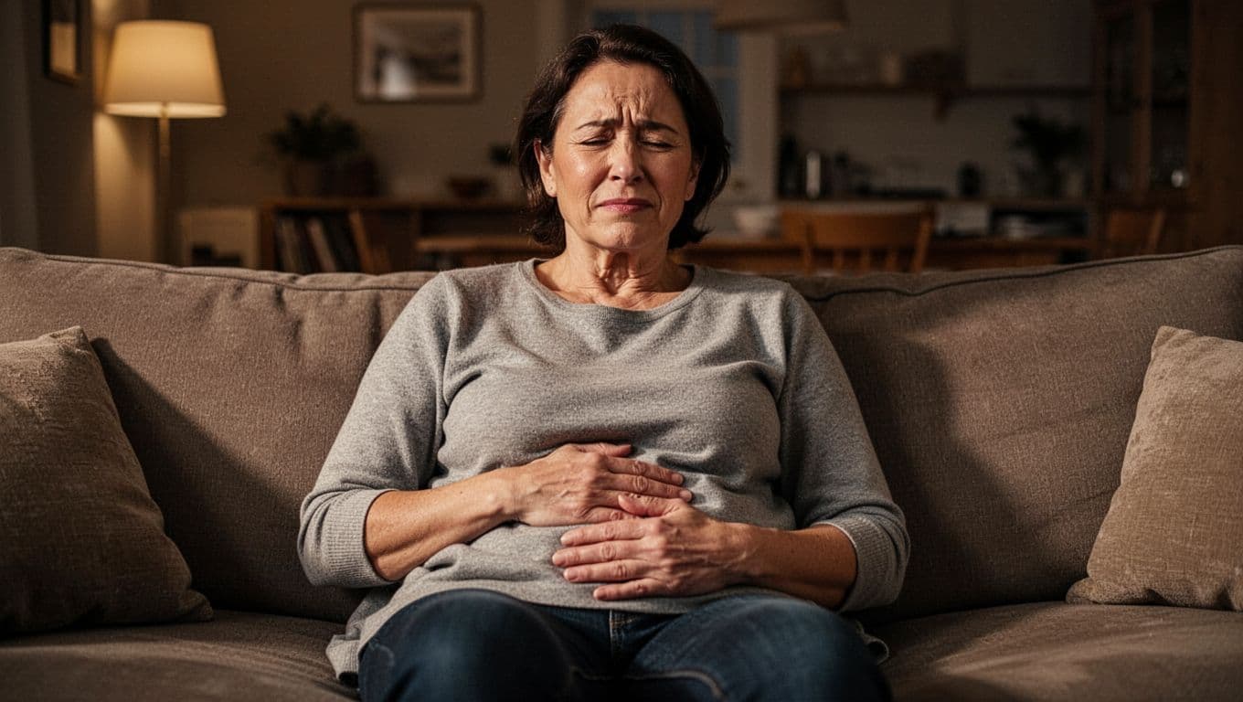 A middle-aged individual sits on a couch in a dim living room with a hand pressed against their abdomen. Soft ambient light highlights their expression of mild physical internal pain.