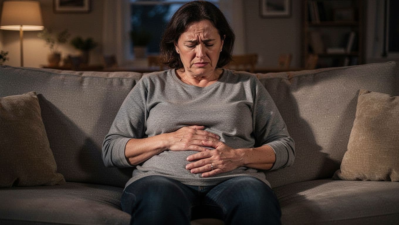 A middle-aged individual sits on a cozy fabric couch in dim evening lighting, resting a hand gently against their abdomen while wearing a pained expression of mild physical distress.