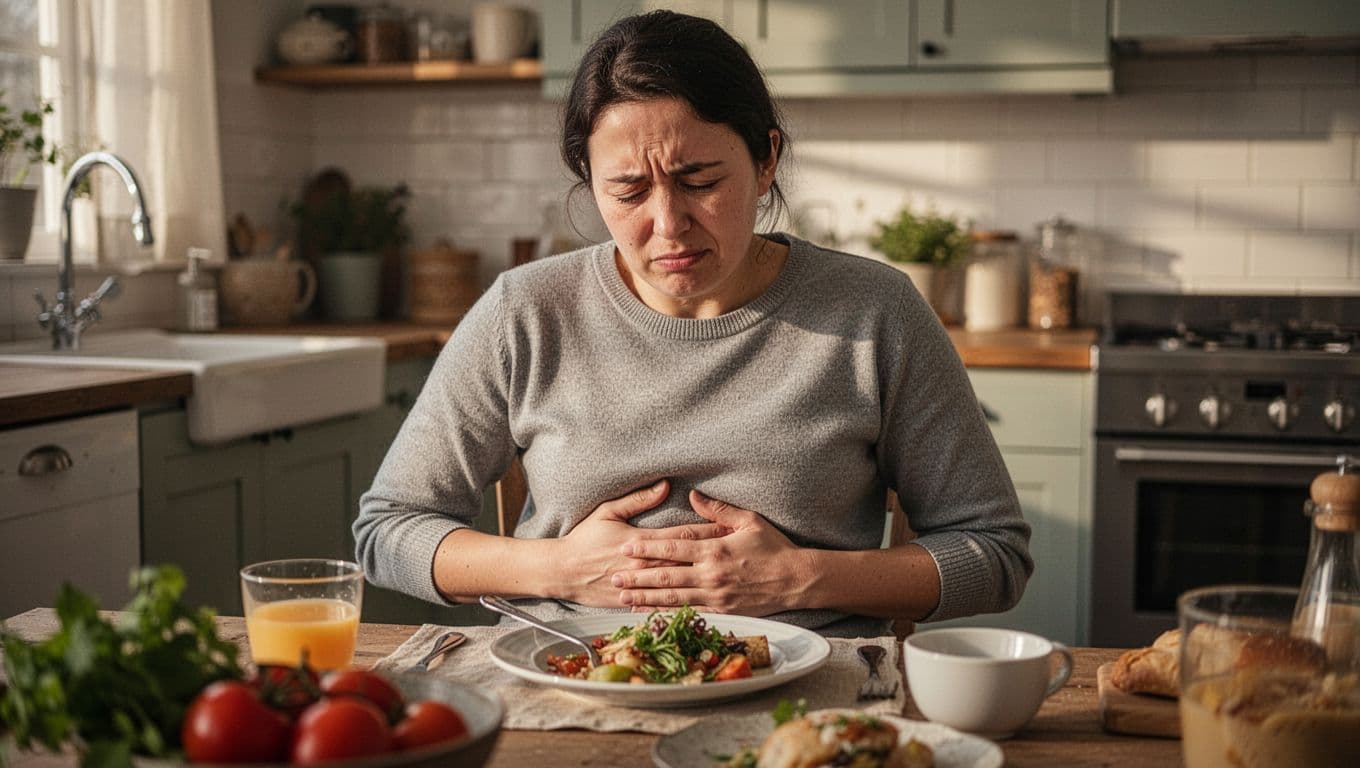 A person sits at a rustic kitchen table, holding their stomach with a pained expression after a meal. Soft afternoon sunlight illuminates the warm, lived-in home interior surrounding the distressed individual.