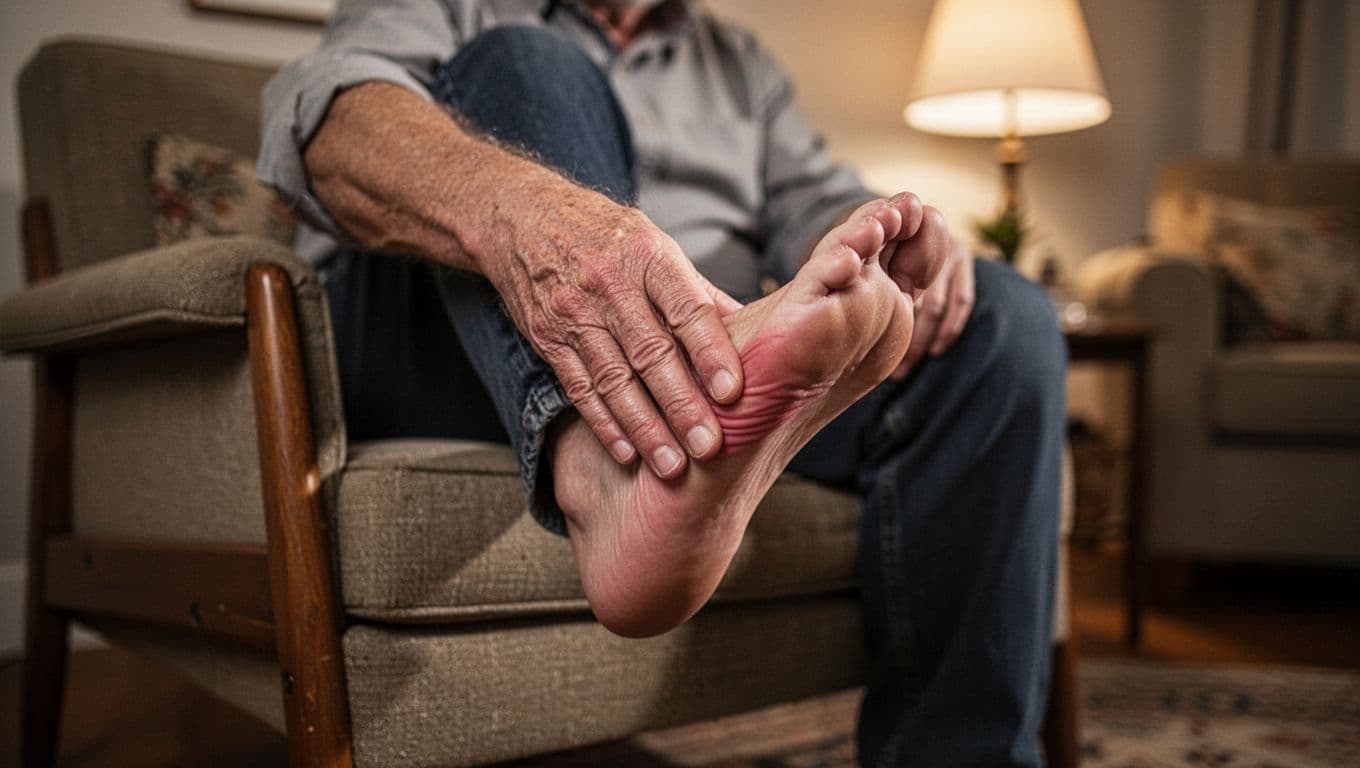 A middle-aged adult sits in a dimly lit living room, gently rubbing their foot with one hand. The camera focuses on the skin texture and the hand movement depicting mild physical pain.