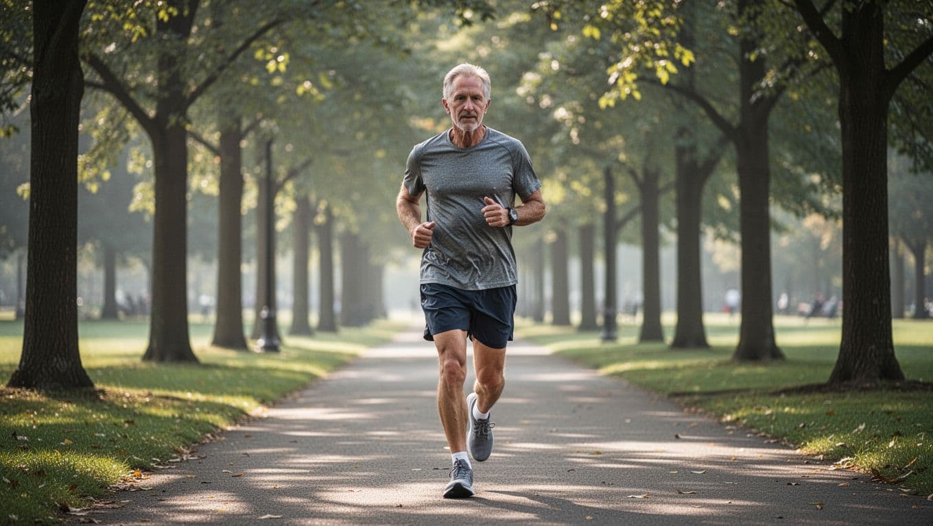 A person in their fifties wearing breathable athletic apparel runs along a tree-lined park path. The morning sunlight filters through the canopy, illuminating the quiet, serene landscape and textured greenery.