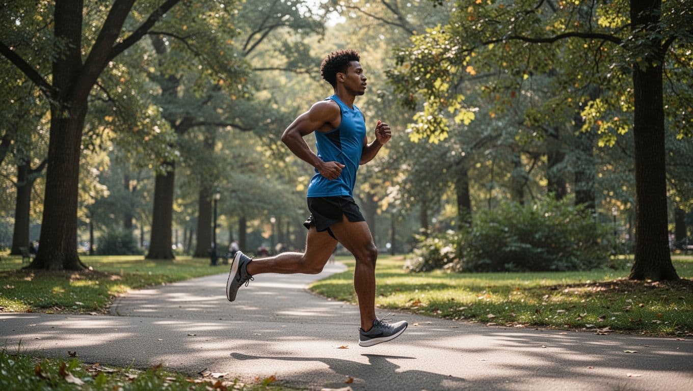 A side profile of a runner in athletic gear moves along a curved paved path. The surrounding park features lush green trees under soft, natural daylight that highlights their rhythmic stride.