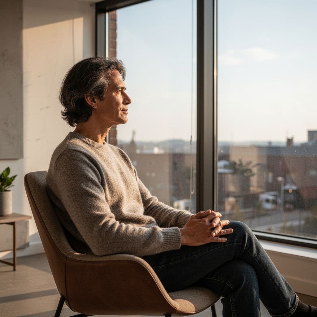 A person sits indoors near a large bright window, with sunlight visible outside and the room kept in soft shadow. The contrast highlights limited sun exposure in daily life.