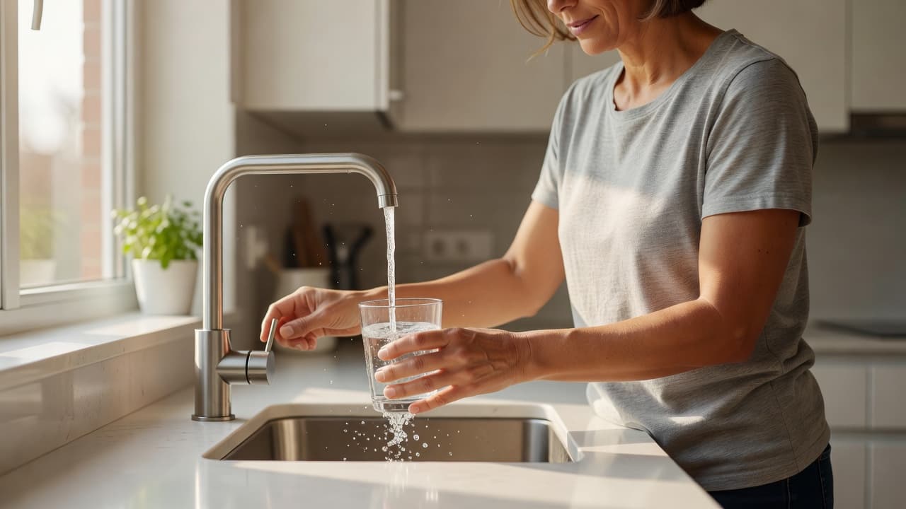 A close-up shot captures a person filling a clear glass with water at a modern kitchen faucet. The bright morning light creates soft highlights across the clean, minimalist marble countertop.