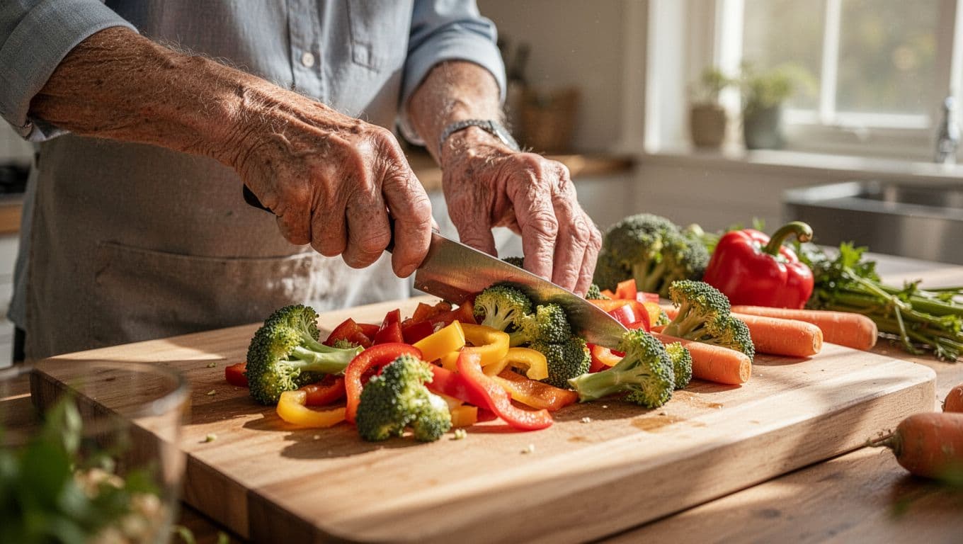 A person in their fifties carefully chops colorful bell peppers, broccoli, and carrots on a rustic wooden board. Bright morning sunlight highlights the textured produce and the individual's focused expression.