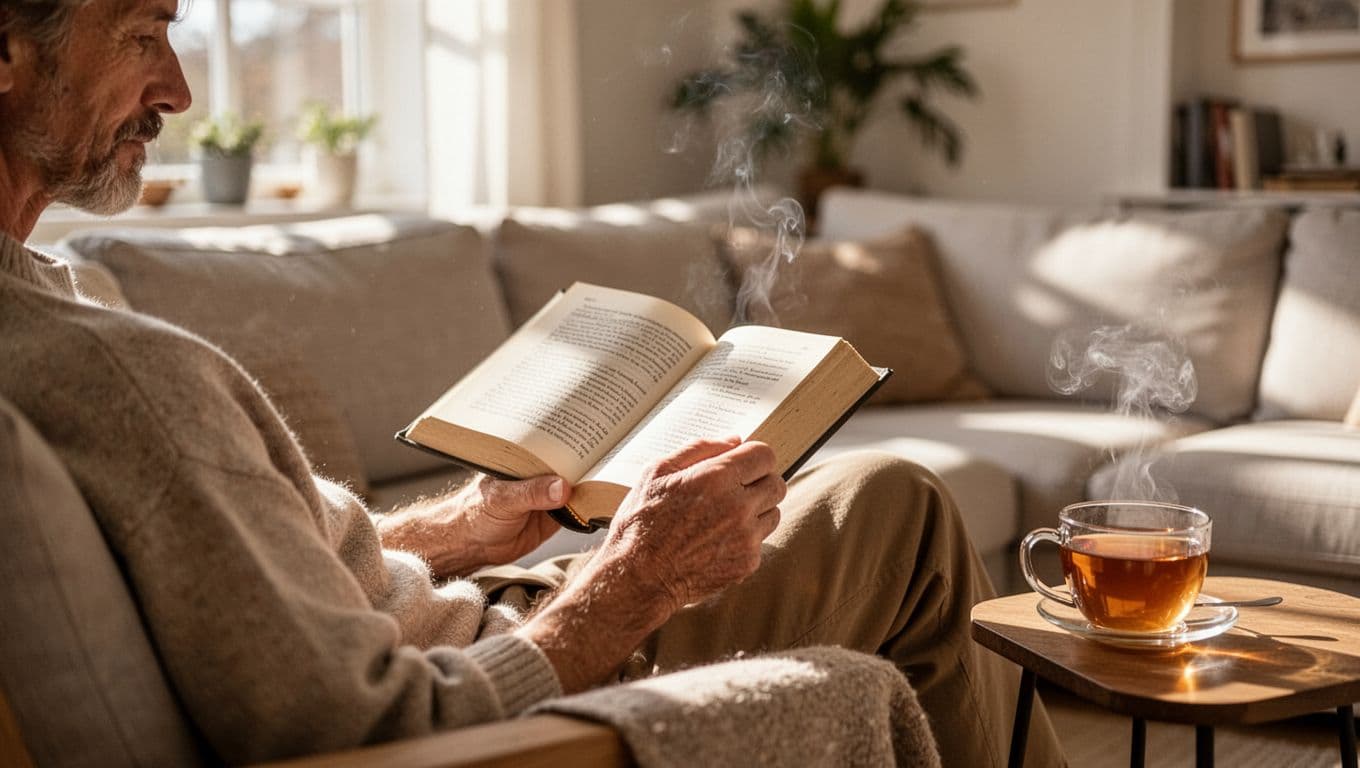 A focused individual sits in a sunlit living room chair, holding an open physical book. A warm mug of tea rests on the wooden side table beside them, creating a cozy atmosphere.