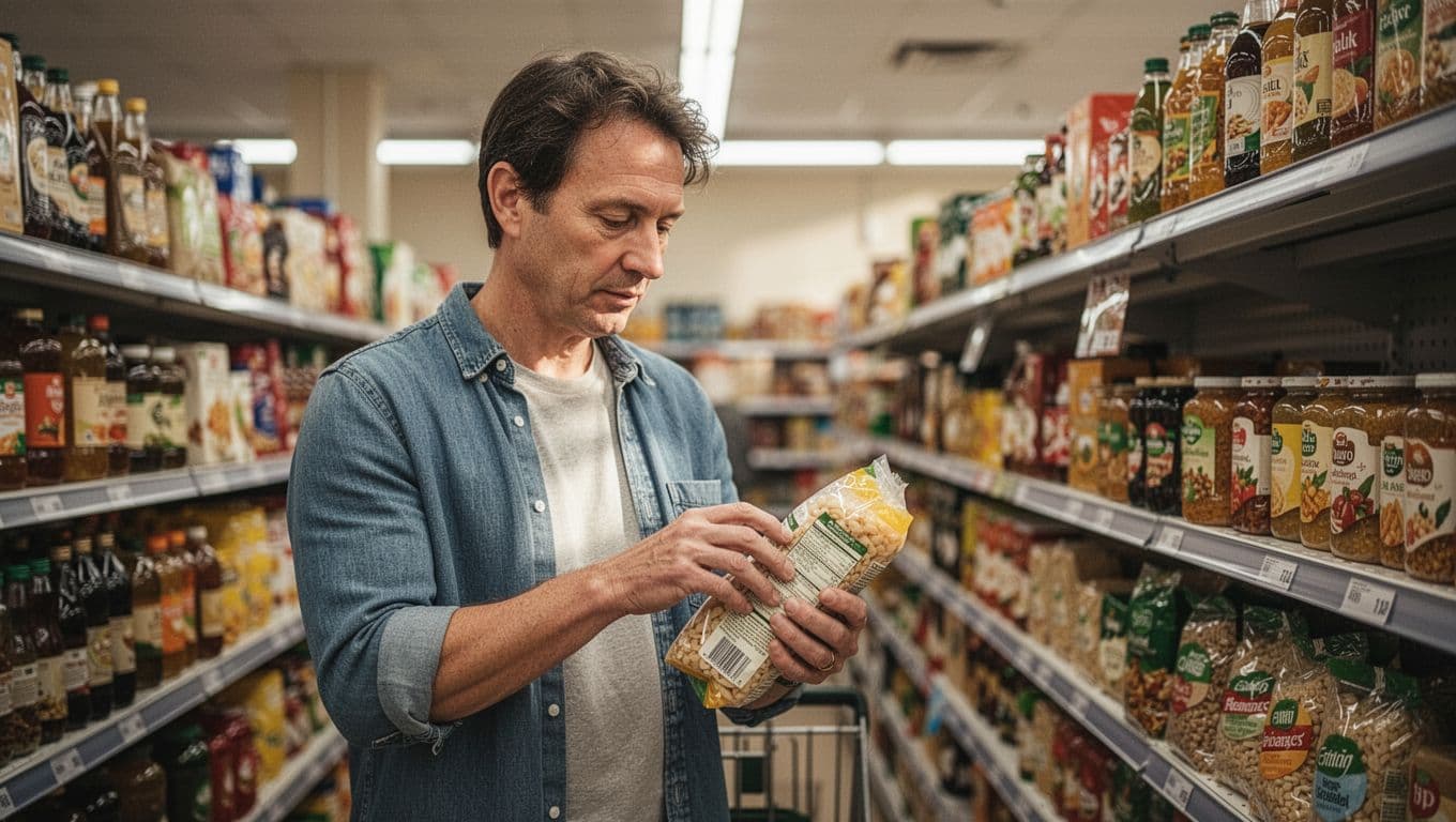 A focused person stands in a brightly lit grocery aisle, holding a packaged item close to their eyes. They carefully inspect the nutrition information while surrounded by shelves of colorful products.