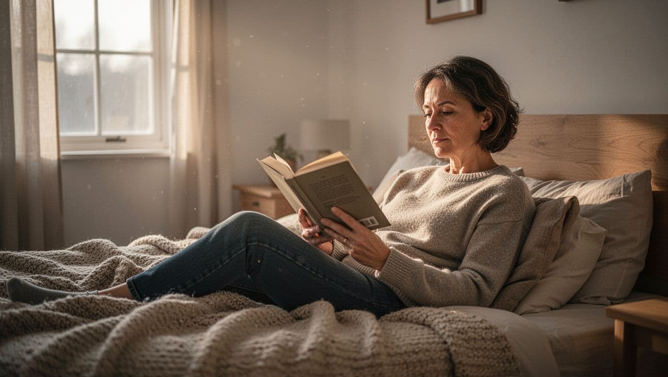 A relaxed individual reclines against soft pillows in a sunlit bedroom, intently focused on a physical book. Warm early morning light fills the room, highlighting the peaceful, authentic domestic atmosphere.
