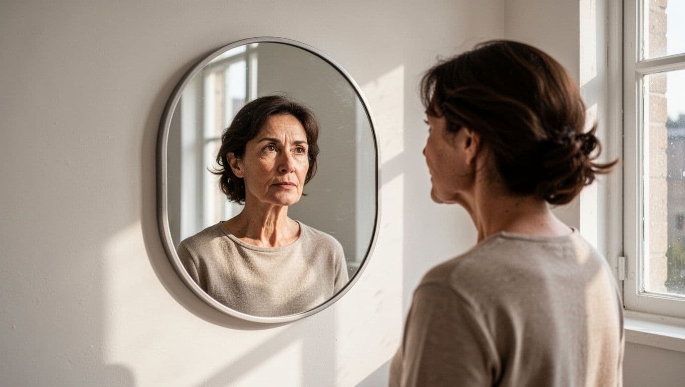 A pensive individual stands in a minimalist room, closely examining their reflection within a wall-mounted mirror. Soft natural light highlights their facial features, emphasizing a moment of serious personal health introspection.