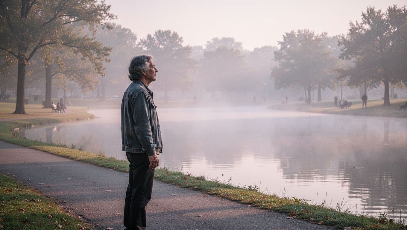 A person stands on a quiet dirt path at dawn, looking across a calm lake. Soft golden light illuminates the scene, highlighting their contemplative posture and the peaceful natural surroundings.