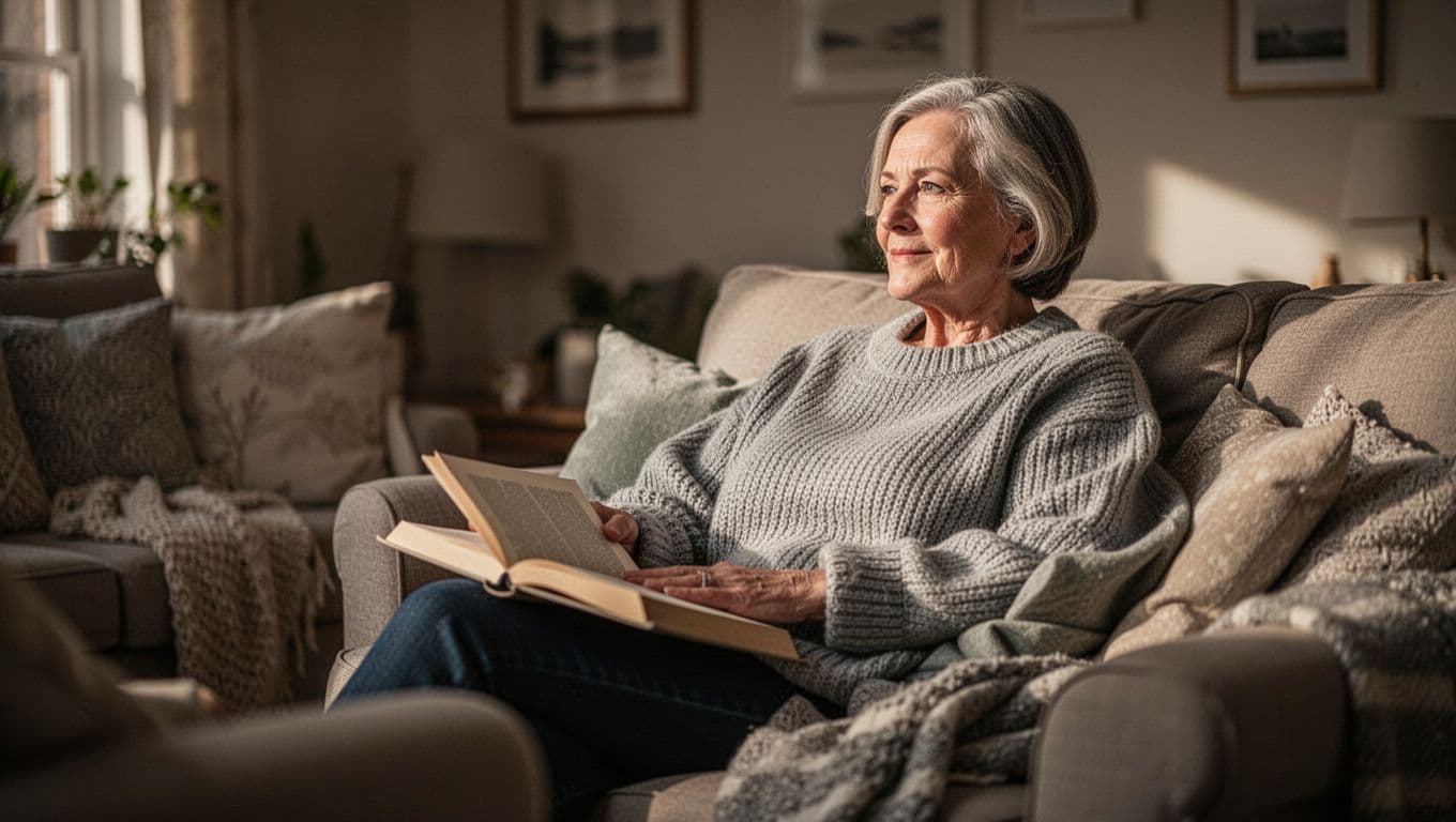 A middle-aged individual sits in a softly illuminated living room holding an open book. The warm, dim lighting creates a tranquil atmosphere, highlighting a peaceful moment of screen-free evening relaxation.