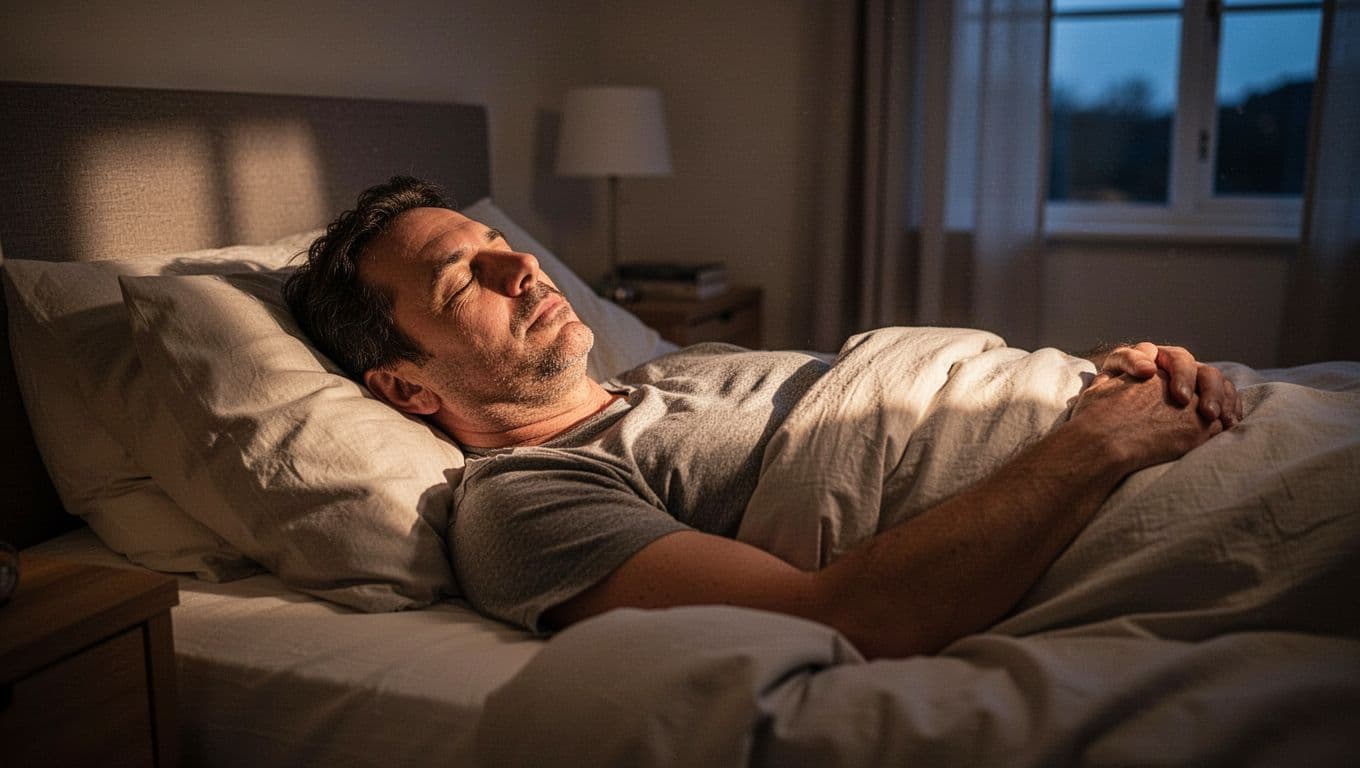 A person lies peacefully under soft linens in a dimly lit room, with warm golden light grazing their face. They are nestled among plush pillows, creating a serene and quiet atmosphere.