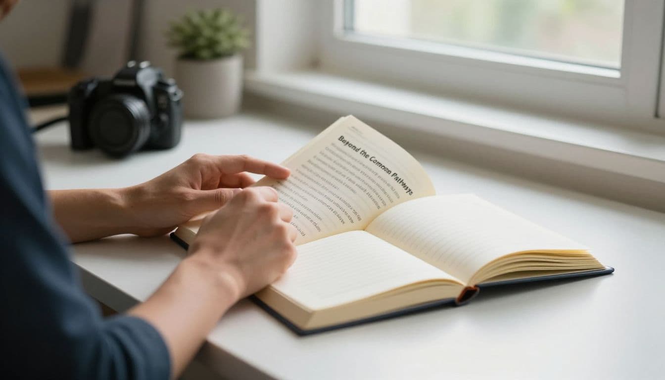 A focused individual examines handwritten health journals and medical books on a clean desk. Warm afternoon sunlight illuminates the pages, creating a tranquil atmosphere conducive to studying complex neurological wellness patterns.