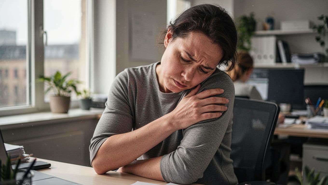 An office worker sits at a desk with a pained expression while massaging their sore shoulder. A computer monitor and office supplies sit blurred in the background of the bright workspace.