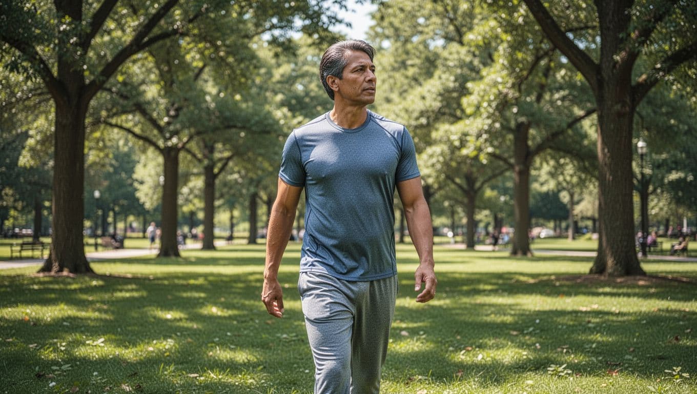 An adult in activewear strolls briskly along a paved path surrounded by lush trees on a sunny day. Their relaxed posture and focused gaze highlight a calm moment of nature-based stress relief.