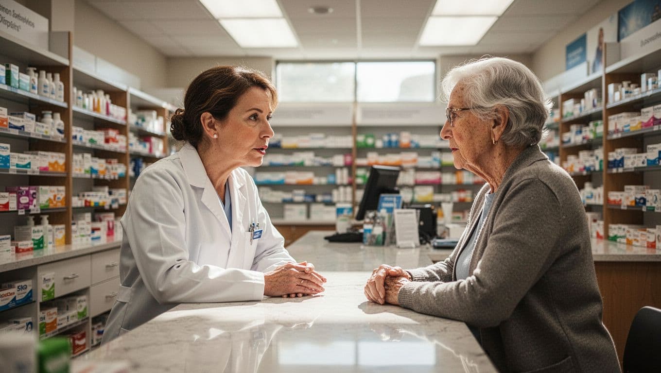 A professional pharmacist wearing a crisp white coat leans across a polished pharmacy counter to speak gently with an older patient. The bright setting emphasizes clear communication and compassionate healthcare service.