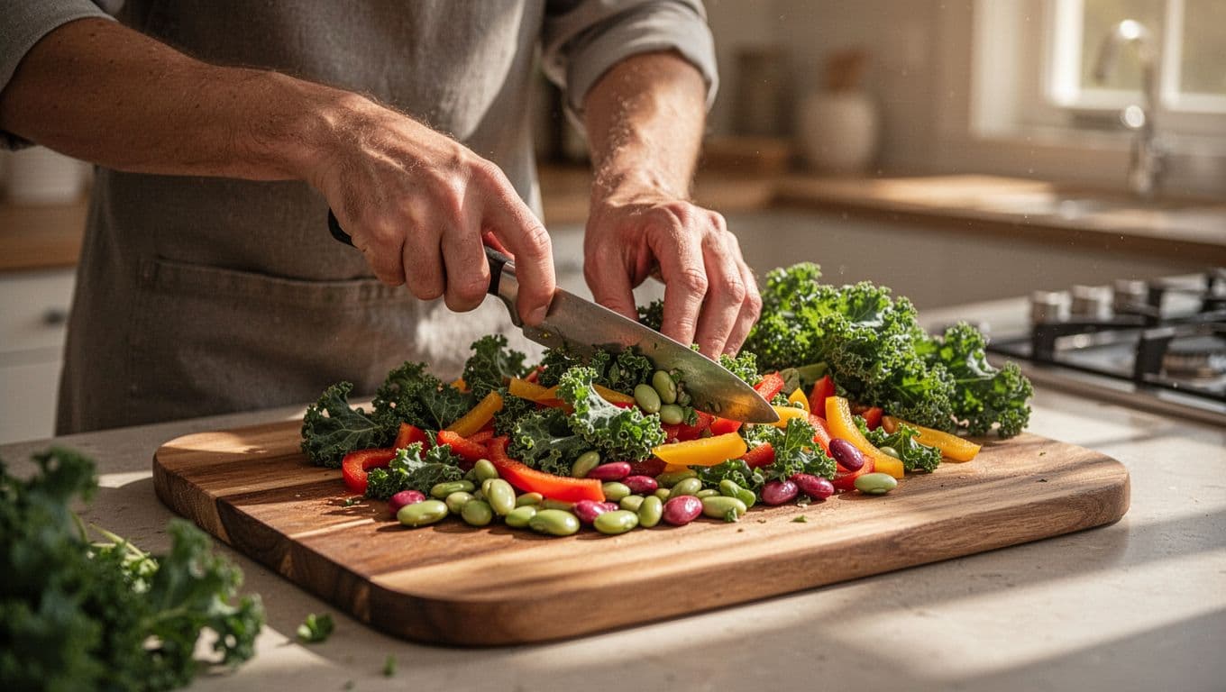A person carefully slices fresh kale and colorful peppers on a rustic wooden board. Vibrant beans sit nearby in a sunlit kitchen, emphasizing a wholesome approach to nutritious home cooking.