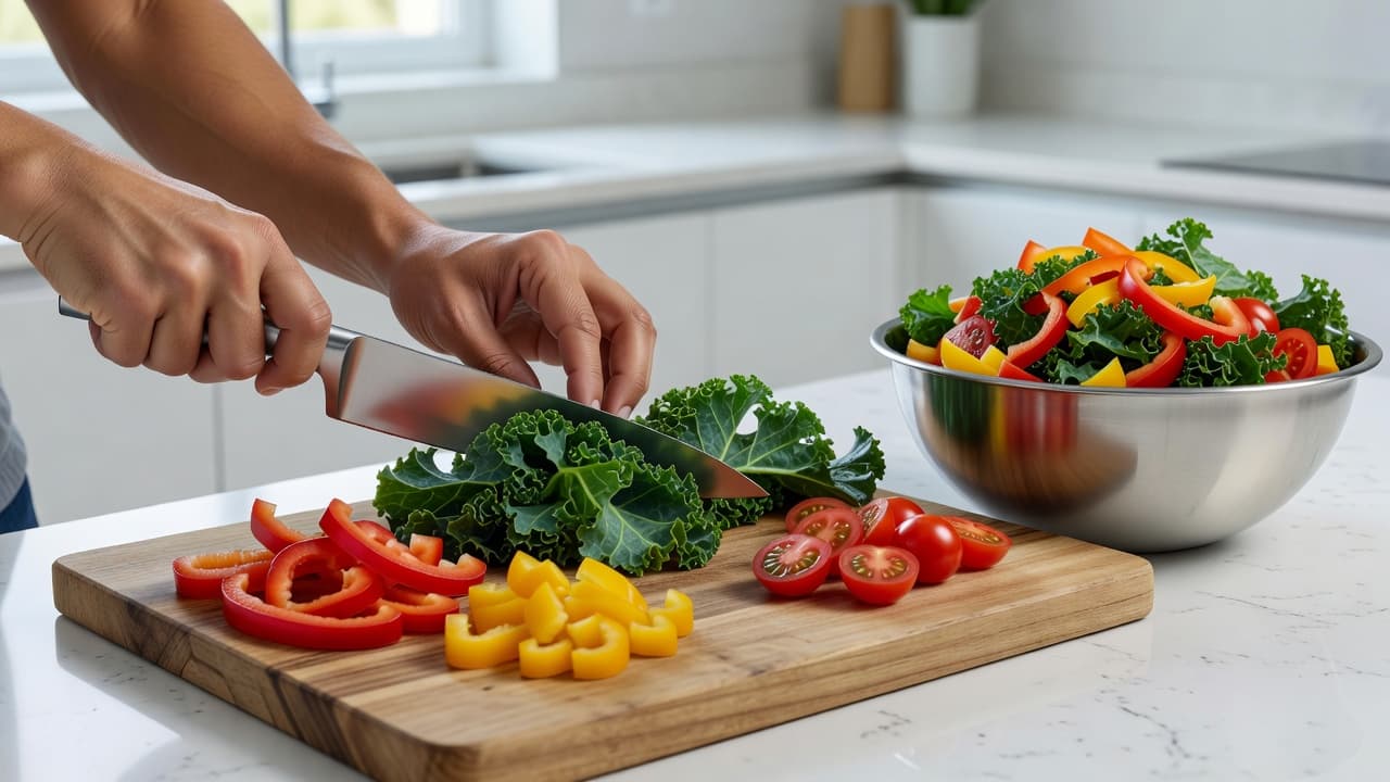 A pair of hands toss vibrant kale, sliced red tomatoes, and bell peppers inside a ceramic bowl. Bright sunlight illuminates the kitchen counter, highlighting the crisp textures of fresh ingredients.