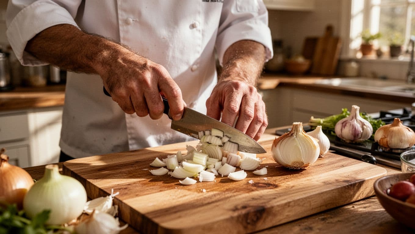 An adult slices fresh garlic and onions on a rustic wooden cutting board within a sunlit kitchen. The scene captures an authentic food preparation moment with warm natural light hitting ingredients.