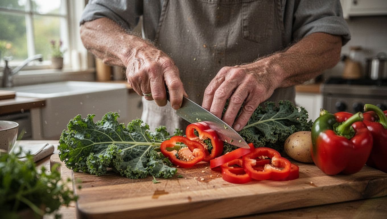A person carefully slices vibrant kale and colorful bell peppers on a worn wooden cutting board. Natural sunlight illuminates the scene, highlighting the textures of the fresh ingredients in the kitchen.
