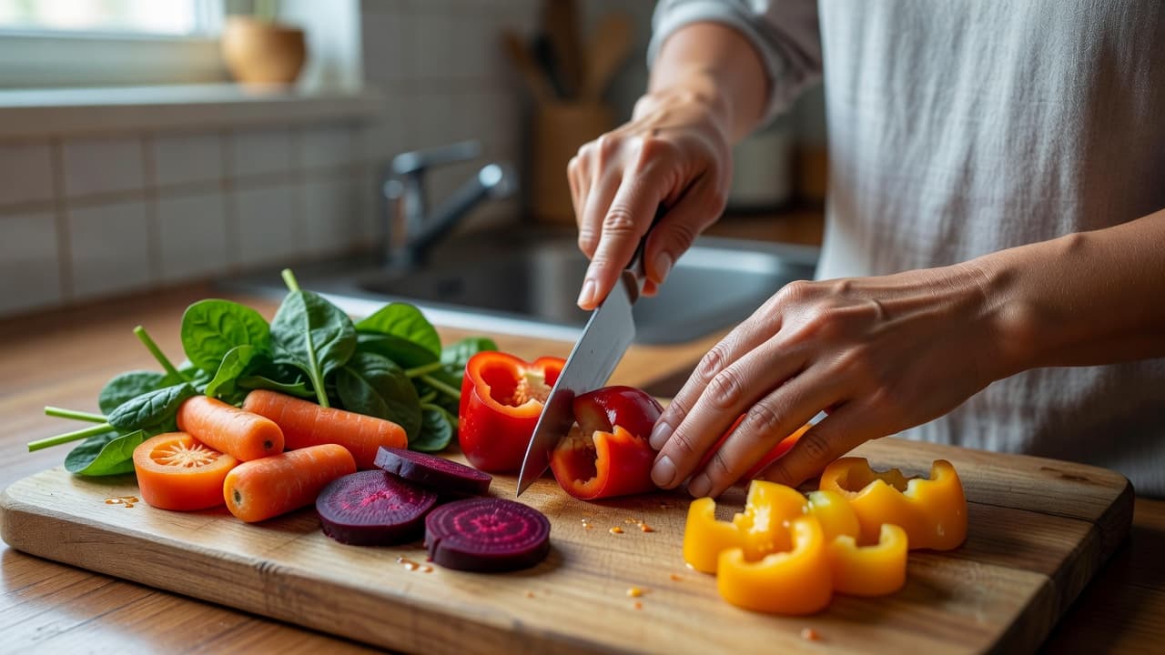 A close-up view shows a person's hands skillfully slicing bell peppers and carrots on a rustic wooden cutting board. Sunlight streams across the kitchen counter, highlighting the vibrant organic ingredients.