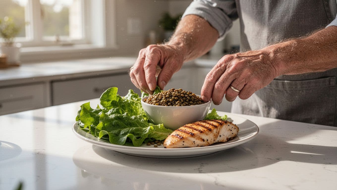 A person in their forties arranges leafy greens, a bowl of cooked lentils, and grilled chicken on a clean kitchen counter. Bright morning sunlight illuminates the fresh ingredients and workspace.