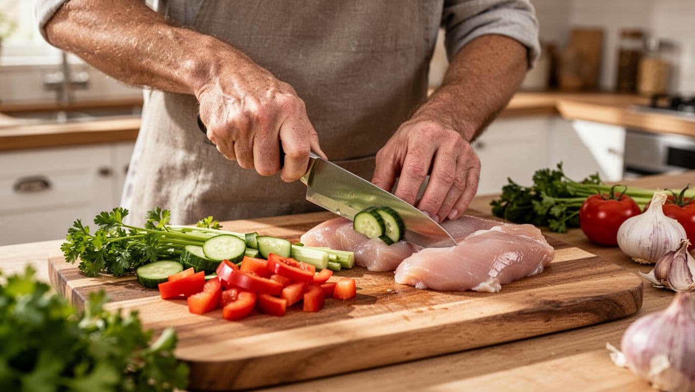 A person carefully slices fresh bell peppers and lean chicken on a rustic wooden cutting board. The warm, soft kitchen light illuminates the vibrant colors of the raw, wholesome ingredients.