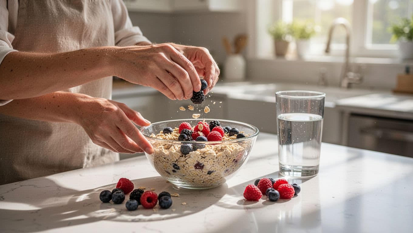 A person carefully adds fresh blueberries and raspberries to a ceramic bowl of creamy oats. A clear glass of water sits on the marble countertop under soft morning light.