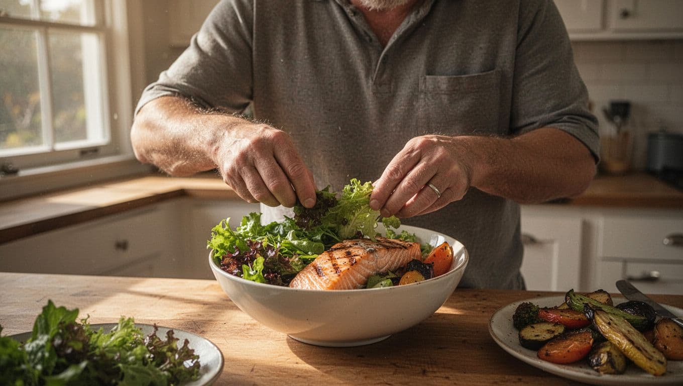 A person carefully tosses fresh leafy greens, golden roasted vegetables, and flaky grilled salmon in a ceramic bowl. Warm morning sunlight illuminates the kitchen counter, highlighting the fresh, vibrant ingredients.