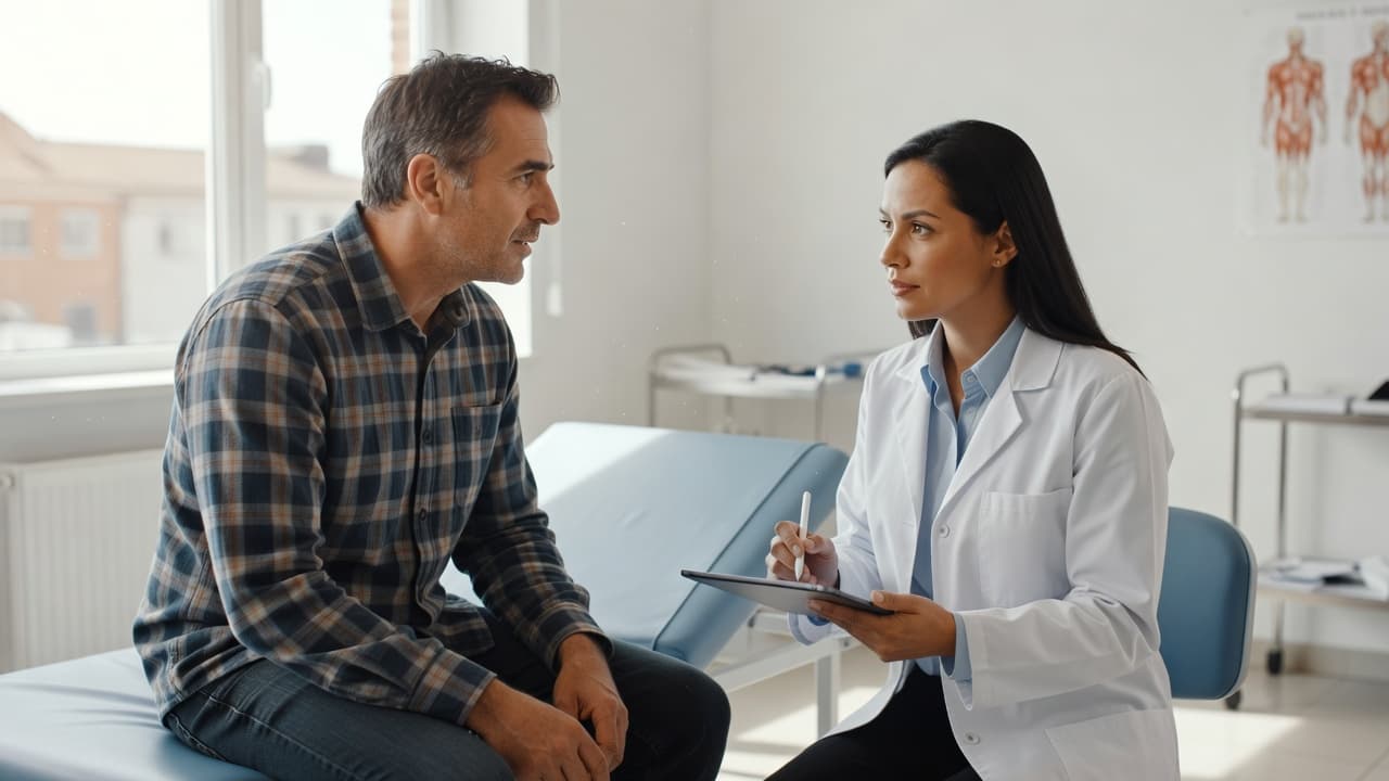 A man in his forties sits on an exam table while a female doctor listens intently, holding a tablet to take notes. Bright natural light fills the clean clinical office space.