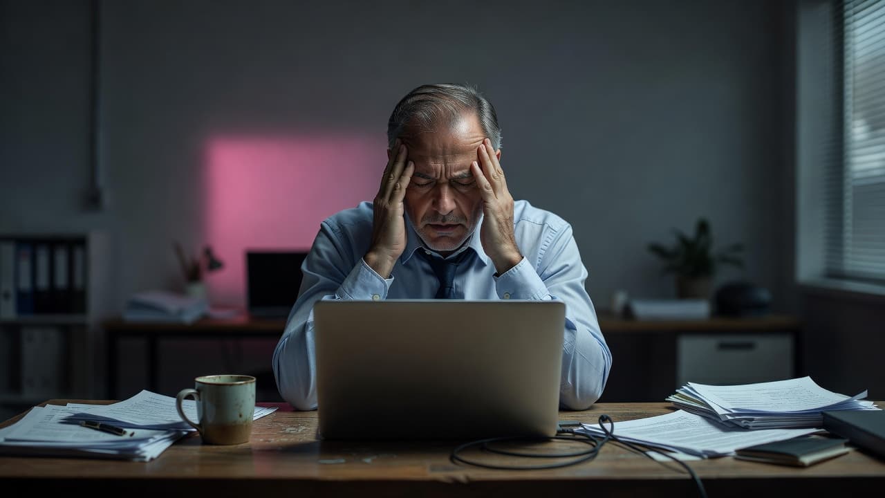 A weary professional sits at a dark wooden desk with their head held in their hands. The dim office setting features a soft pink glow in the blurred background shadows.