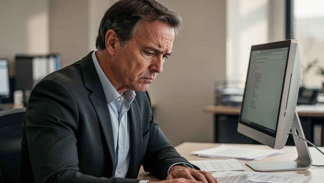 A middle-aged professional sits at a cluttered desk staring intently at a computer screen. One hand rubs their forehead in frustration, capturing a candid moment of high workplace mental fatigue.