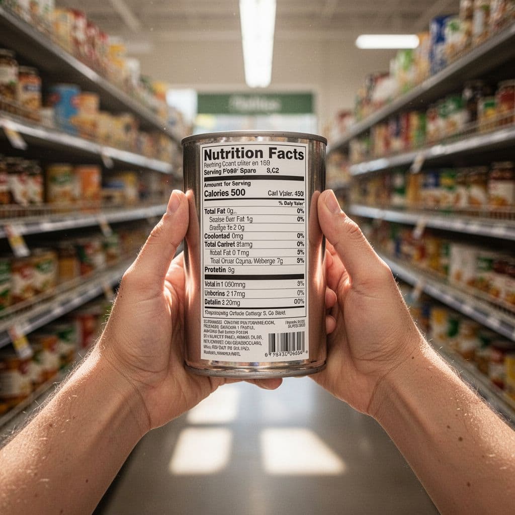 A close-up shot shows hands holding a metal can in a grocery store, with the camera focused on the nutrition facts panel. The background aisle is blurred to highlight healthy shopping.