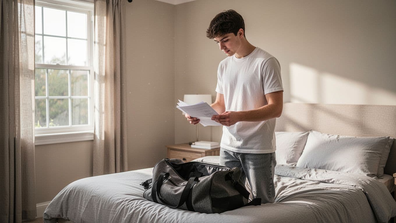 A focused young person in casual clothing reviews paperwork inside a minimalist bedroom. Beside them rests an open duffel bag, suggesting a departure for upcoming military training and new life challenges.