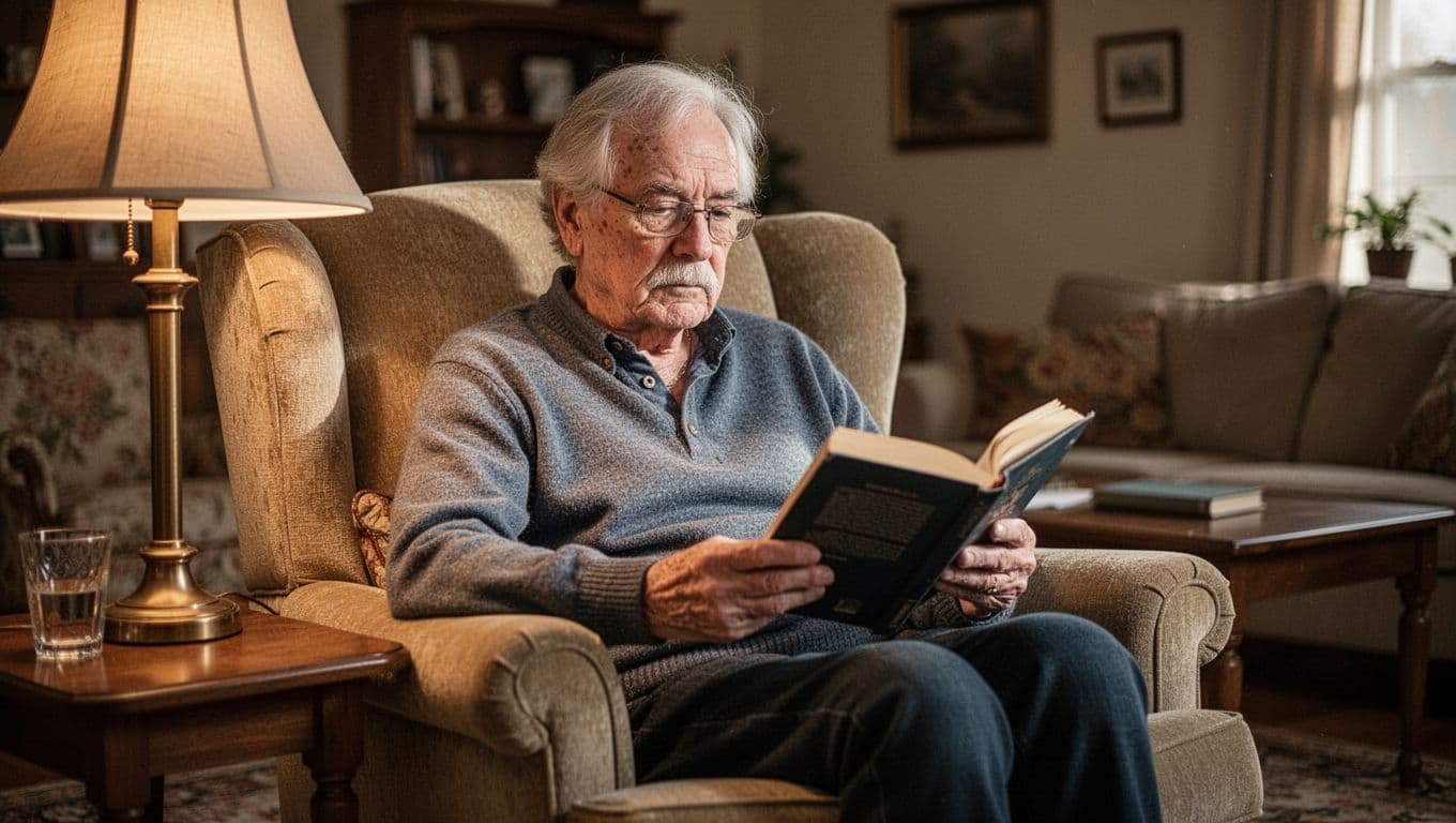 An older adult relaxes in a plush armchair during the evening, deeply focused on an open hardcover book. A glowing bedside lamp casts a soft, warm ambiance across the cozy room.