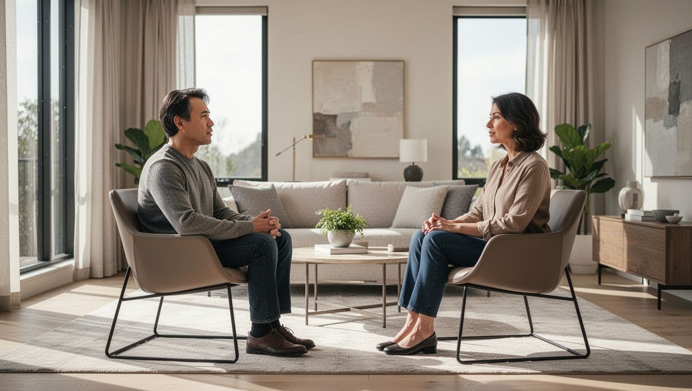 Two individuals sit in comfortable armchairs facing one another within a sunlit modern living room. They lean forward with engaged expressions, gesturing naturally while participating in a calm and balanced discussion.