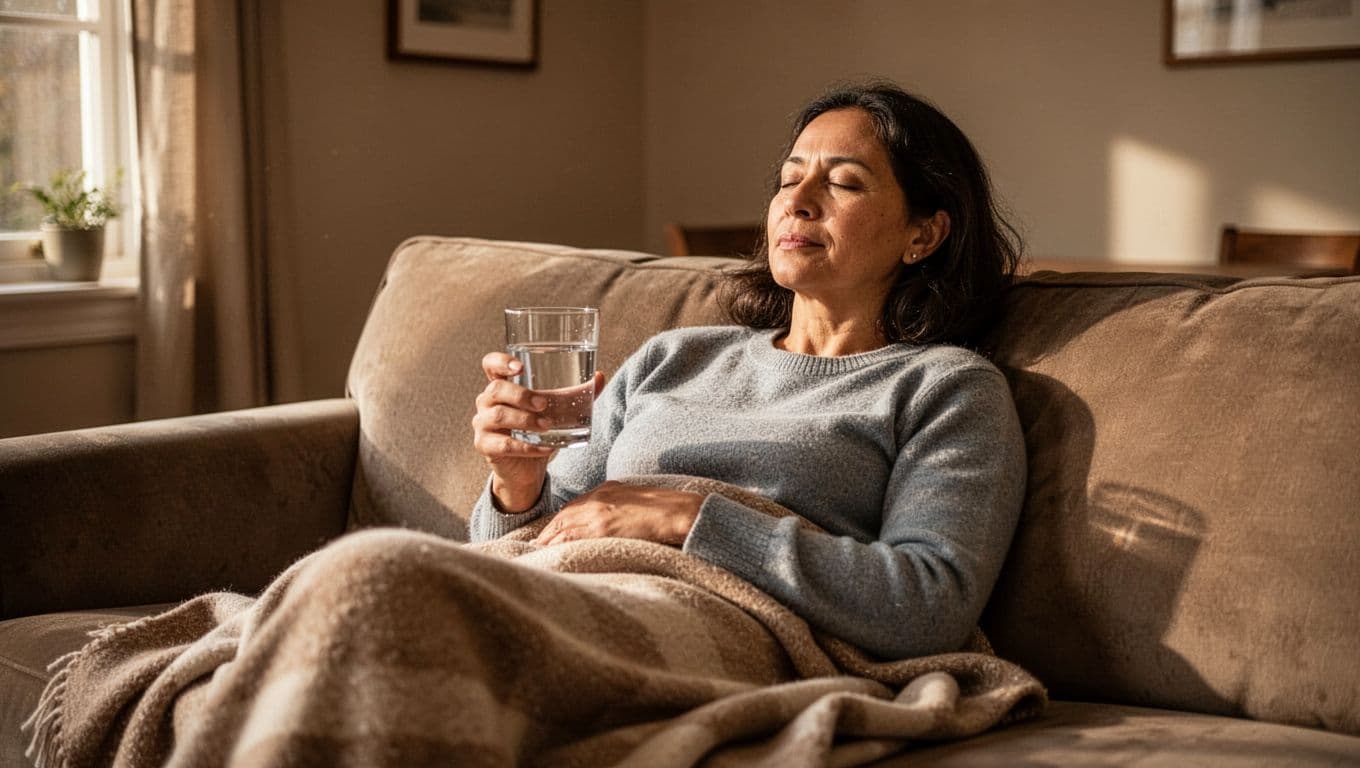 A person sits peacefully on a soft sofa while draped in a warm blanket. They hold a clear glass of water, illustrating calm moments of intentional rest and personal wellness.