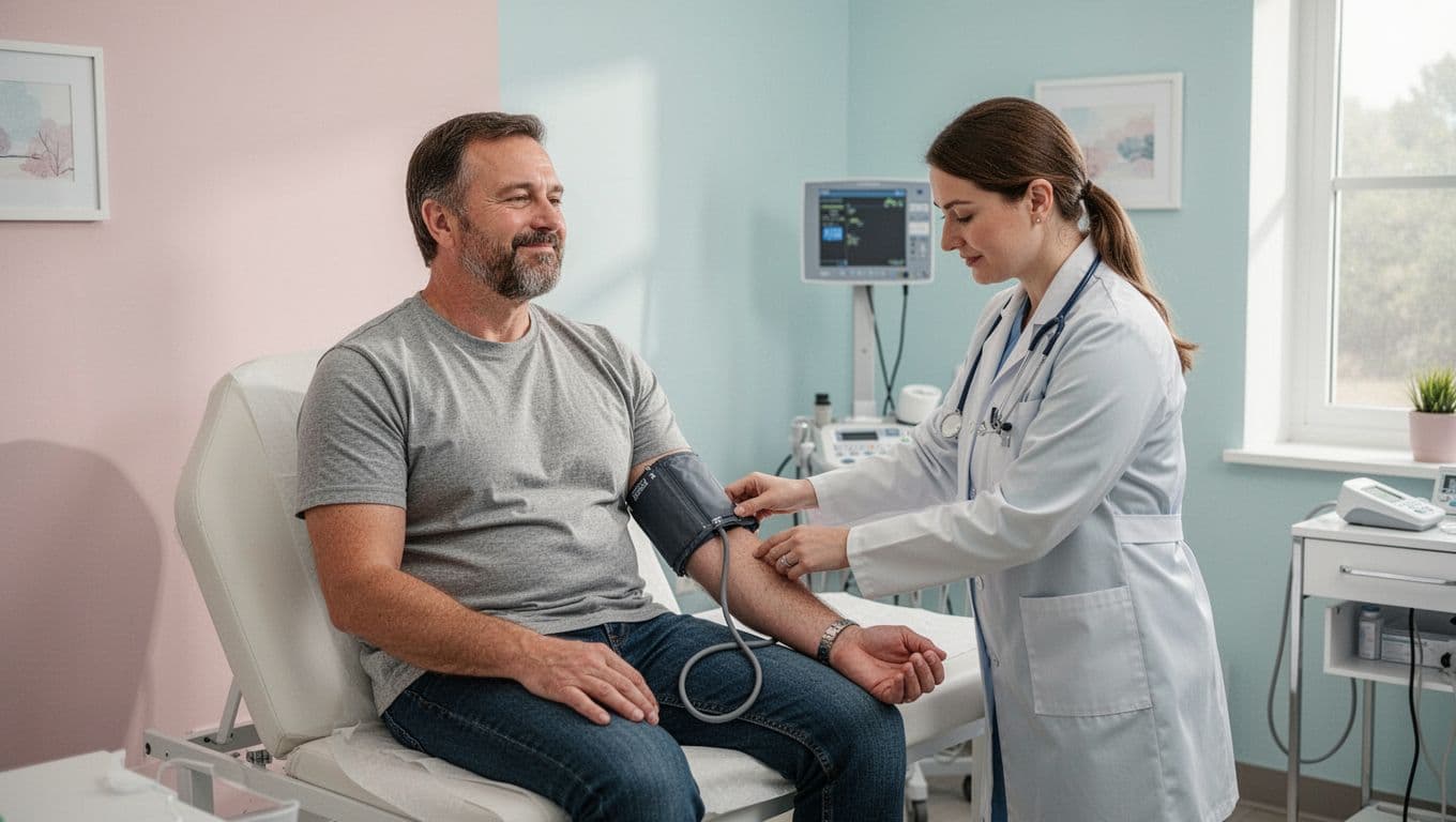 A medical professional carefully inflates a cuff around a seated patient's arm inside a sterile clinic room. The bright, quiet atmosphere emphasizes a sense of comfort and preventative health management.