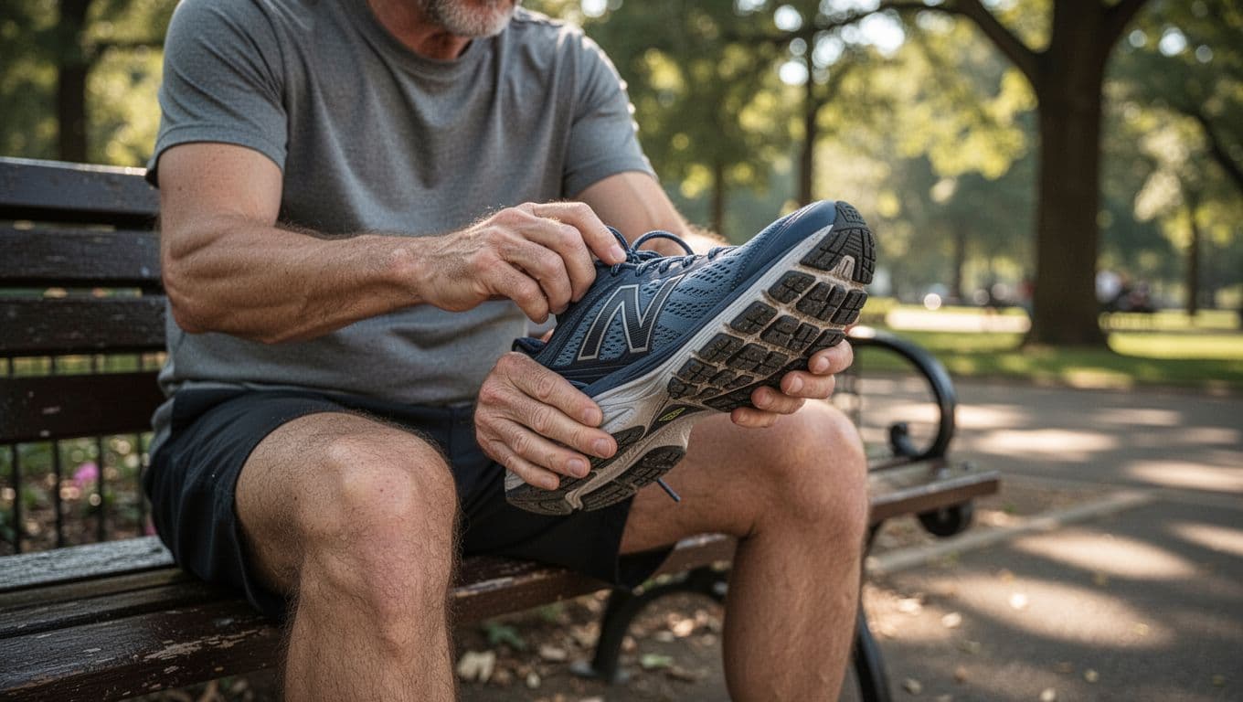 A runner sits on a wooden park bench, carefully examining the bottom of their sneaker for debris. Sunlight illuminates the detailed tread patterns against a soft, naturally blurred green outdoor background.